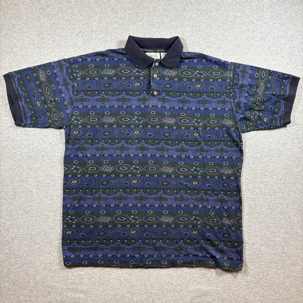 Vintage 90s Ash Creek Trading Geometric AOP Polo Shirt Mens Blue Green